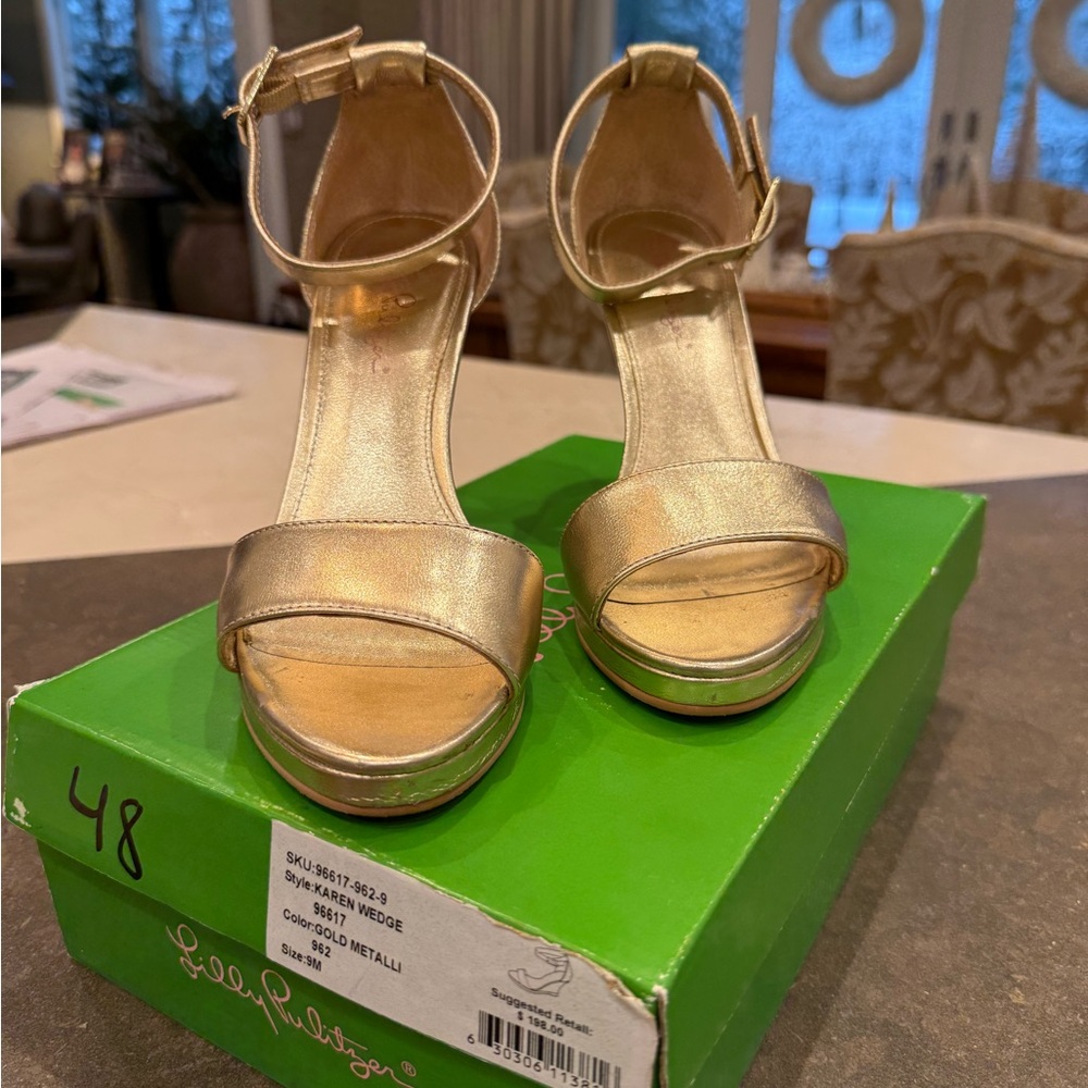 Lilly Pulitzer Shiny Gold Wedge Sandals
